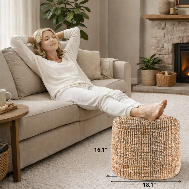 Tranquil 18" Wide Natural Jute Pouf Ottoman Hand-Braided Round Farmhouse Footrest Pouffe Floor Cushion For Living Room Bedroom #37PF