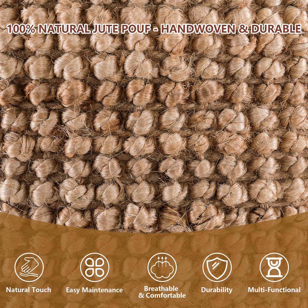 Tranquil 18" Wide Natural Jute Pouf Ottoman Hand-Braided Round Farmhouse Footrest Pouffe Floor Cushion For Living Room Bedroom #37PF