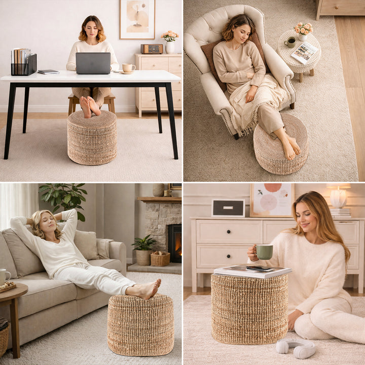 Tranquil 18" Wide Natural Jute Pouf Ottoman Hand-Braided Round Farmhouse Footrest Pouffe Floor Cushion For Living Room Bedroom #37PF