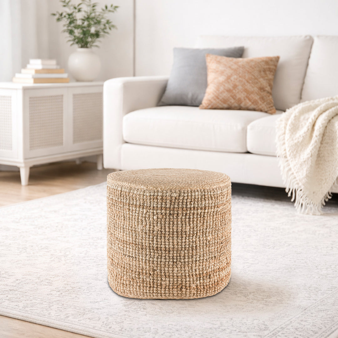 Tranquil 18" Wide Natural Jute Pouf Ottoman Hand-Braided Round Farmhouse Footrest Pouffe Floor Cushion For Living Room Bedroom #37PF