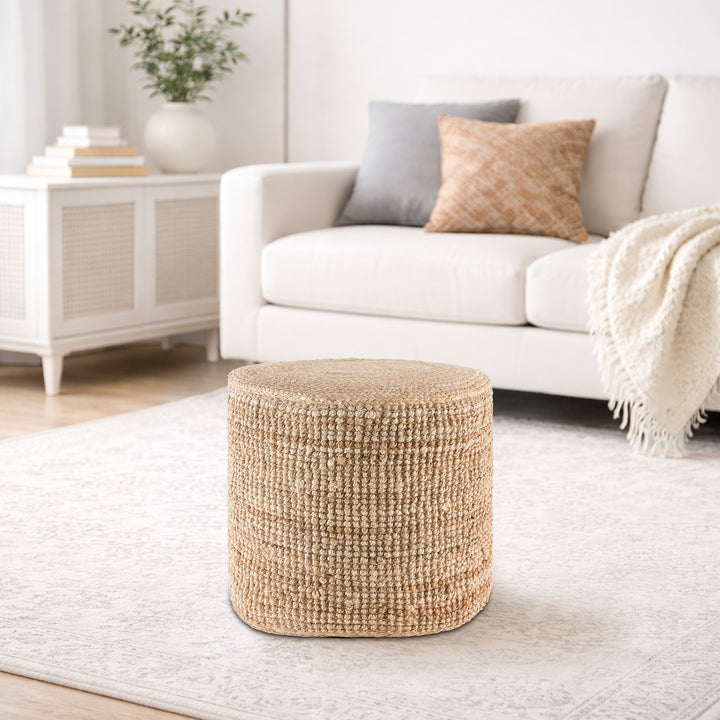 Tranquil 18" Wide Natural Jute Pouf Ottoman Hand-Braided Round Farmhouse Footrest Pouffe Floor Cushion For Living Room Bedroom #37PF