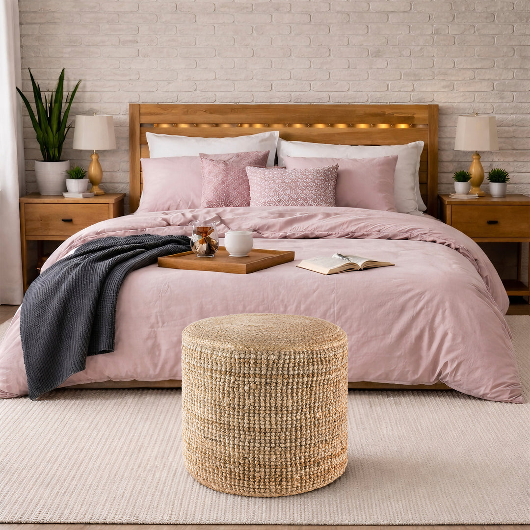 Tranquil 18" Wide Natural Jute Pouf Ottoman Hand-Braided Round Farmhouse Footrest Pouffe Floor Cushion For Living Room Bedroom #37PF