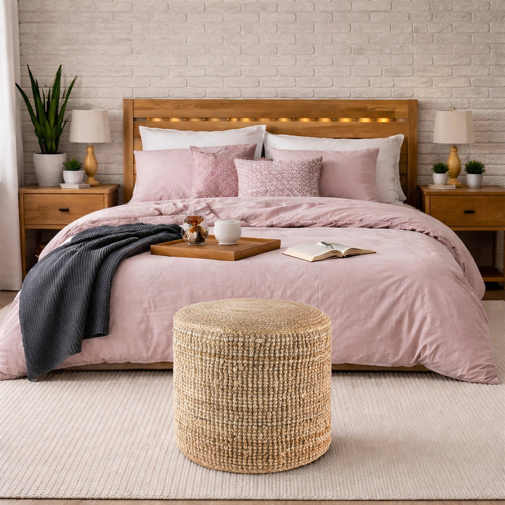 Tranquil 18" Wide Natural Jute Pouf Ottoman Hand-Braided Round Farmhouse Footrest Pouffe Floor Cushion For Living Room Bedroom #37PF