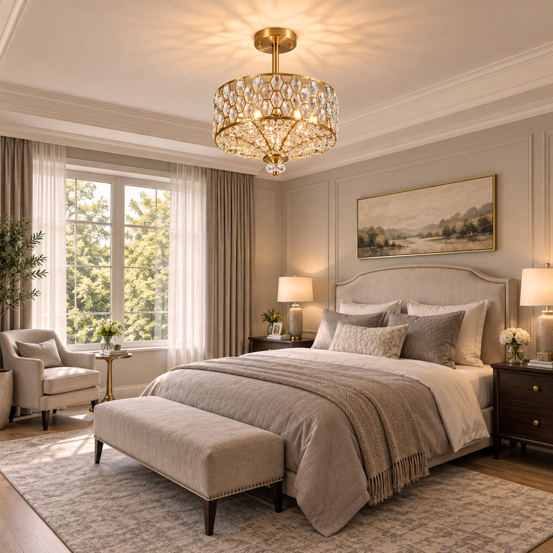 14" 3-Light Polished Brass Drum Semi-Flush Mount Ceiling Light with Crystal Accents for Living Room & Bedroom #19241