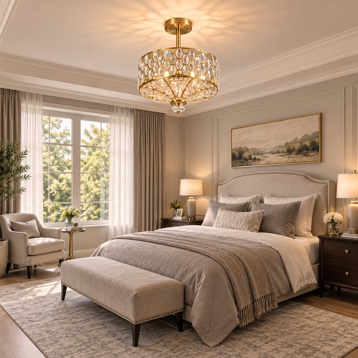 14" 3-Light Polished Brass Drum Semi-Flush Mount Ceiling Light with Crystal Accents for Living Room & Bedroom #19241