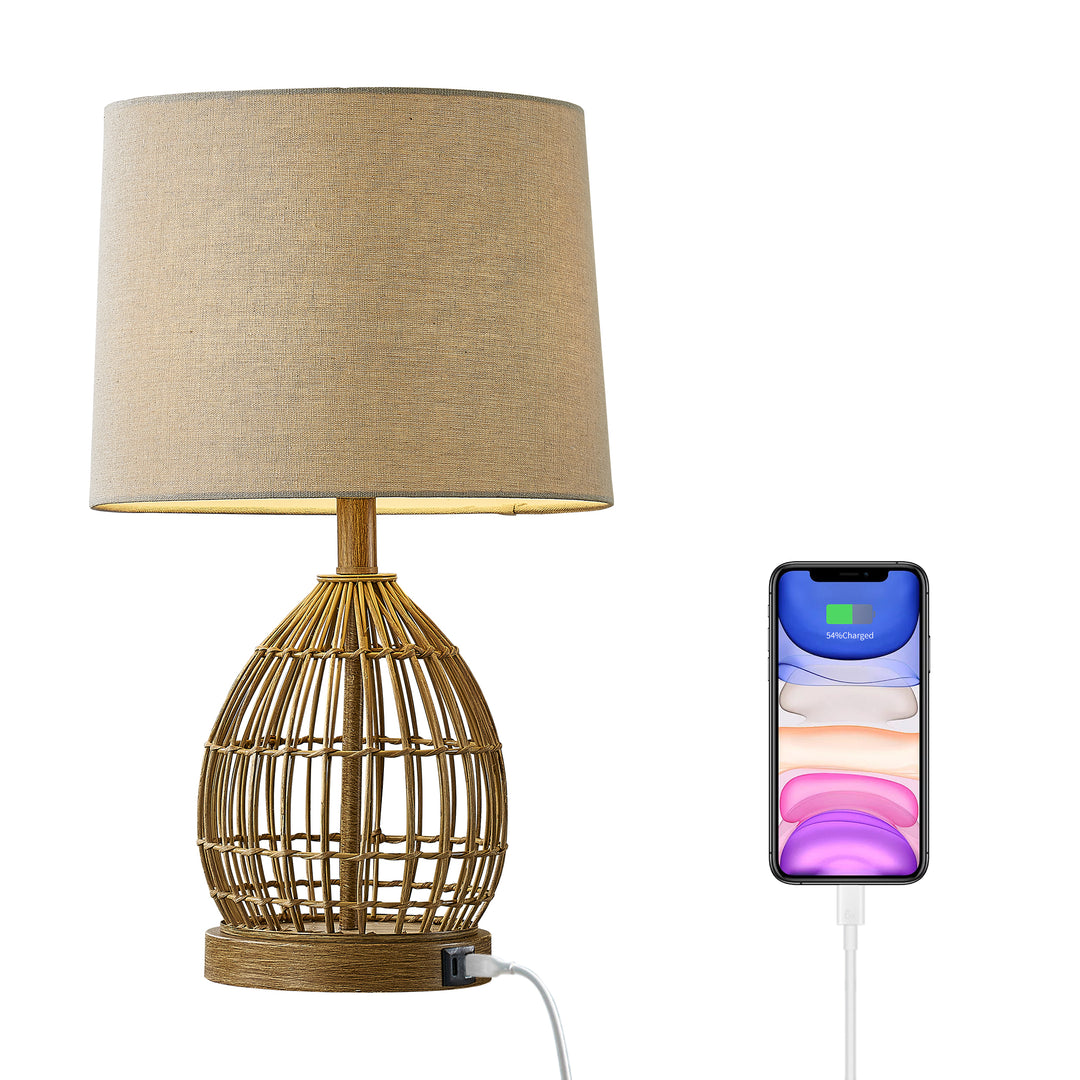 22" Traditional Rattan Table Lamp With Usb For Living Room/bedroom