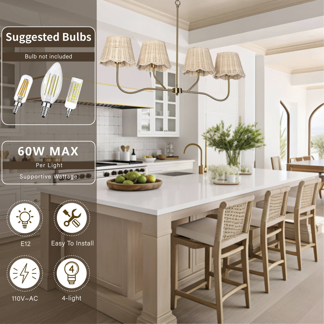 Zenith 4-light 36" Polished Brass Linear Kitchen Island Pendant With Rattan Shades For Dining Room #19231