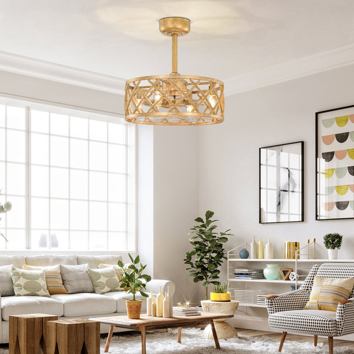 Maxax 19" Boho Caged Low Profile Ceiling Fan with Light and Remote, Stepless Color Temperature & 6 Speeds, Farmhouse Flush Mount Fan for Bedroom, Kitchen, Living Room, Kids Room #26001