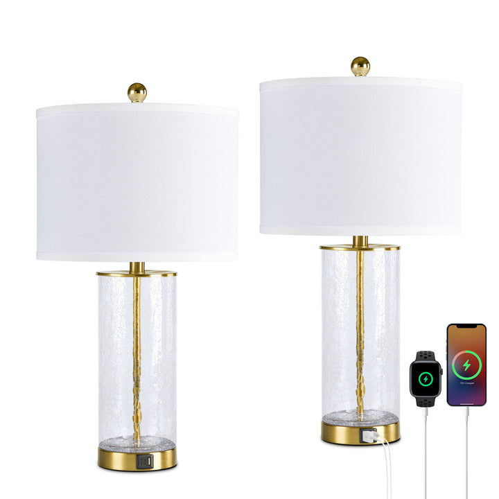 23.25" Modern Glam Glass And Metal Table Lamp With Usb For Living Room/bedroom (Set of 2) #T263