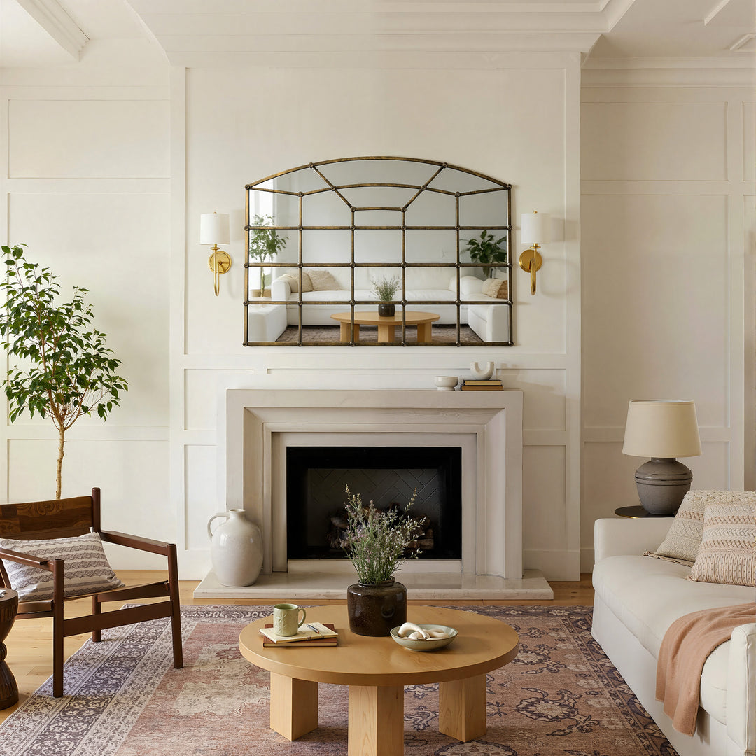 Reflect Vintage Metal Framed Arch Bronze Window & Wall Mantel Mirror For Living Room Entryway #30005