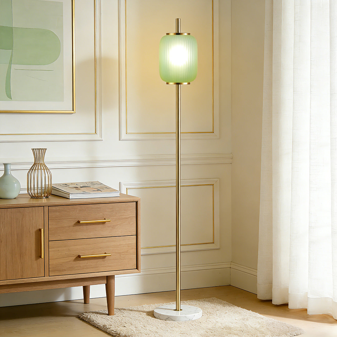 64" Modern Brass Floor Lamp With Ribbed Green Glass Shade And Marble Base, Tall Standing Light For Living Room And Bedroom #