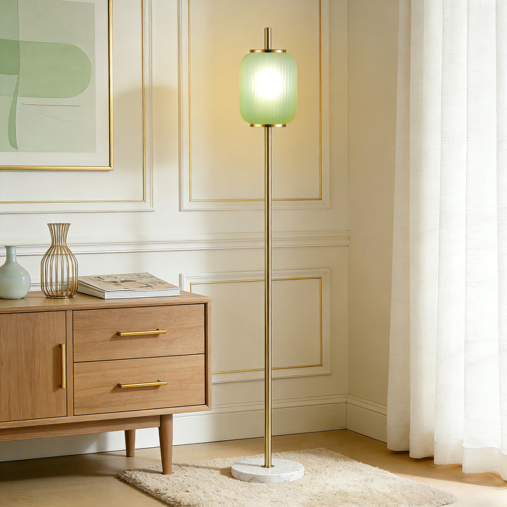 64" Modern Brass Floor Lamp With Ribbed Green Glass Shade And Marble Base, Tall Standing Light For Living Room And Bedroom #