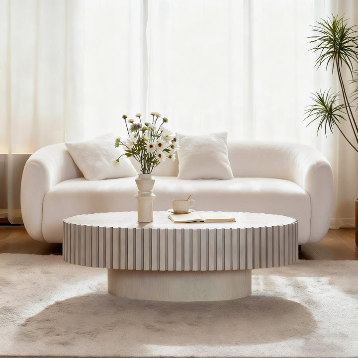 Timeless Round Coffee Table Handcrafted Relief Wooden Olive-Shaped Tea Table For Living Room #25013