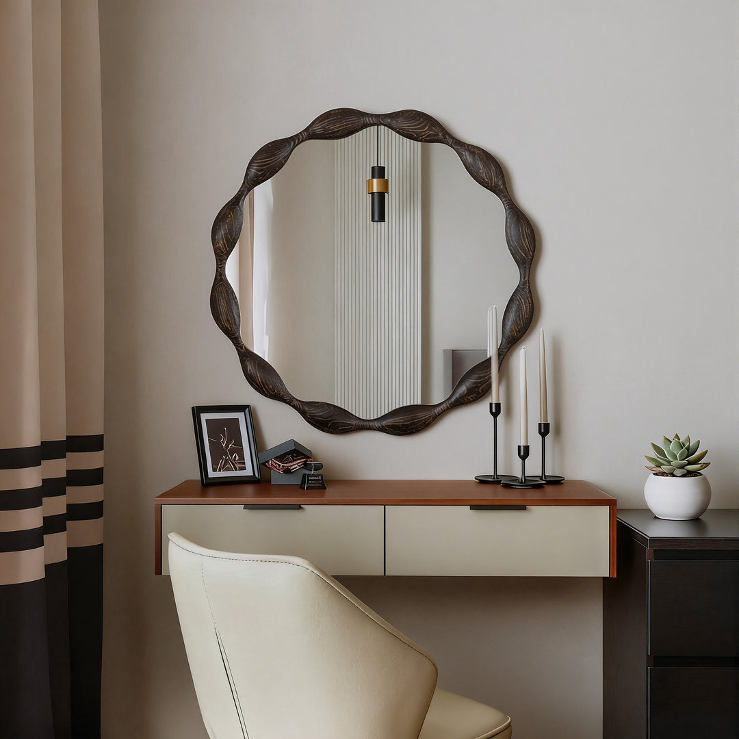Clarity 32.5" Vintage Oval Solid Wood Framed Wavy Organic Design Wall Mounted Vanity Mirror #25036