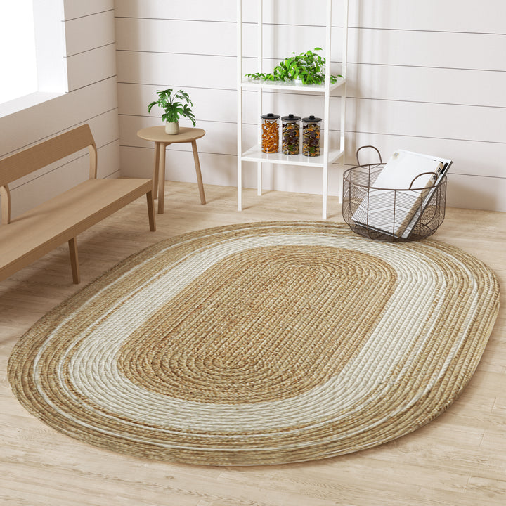 4modernhome Jute Hand Braided Zigzag Stitch Natural Fibers Farmhouse Style Area Rug For Dining Room Living Room Kitchen, Off White/Natural #DT23-5