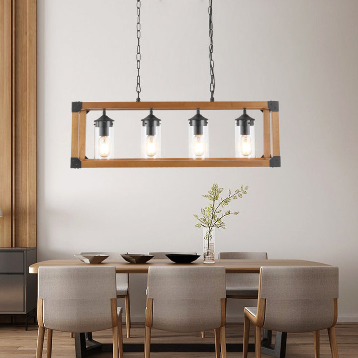 Maxax 4-light Wood Pendant Kitchen Island Rectangle Chandelier #MX19045-4-P