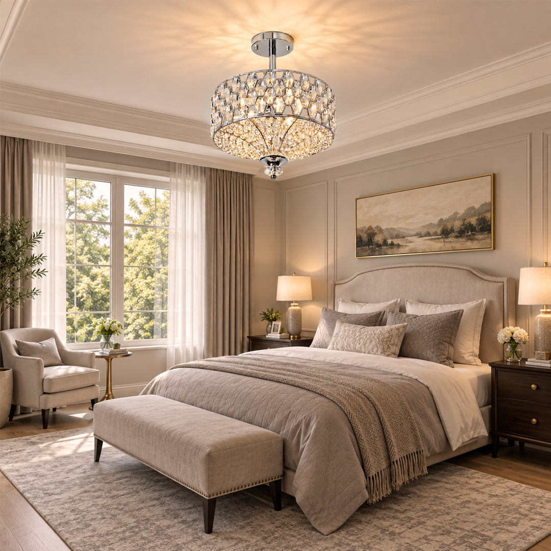14" 3-Light Polished Brass Drum Semi-Flush Mount Ceiling Light with Crystal Accents for Living Room & Bedroom #19241