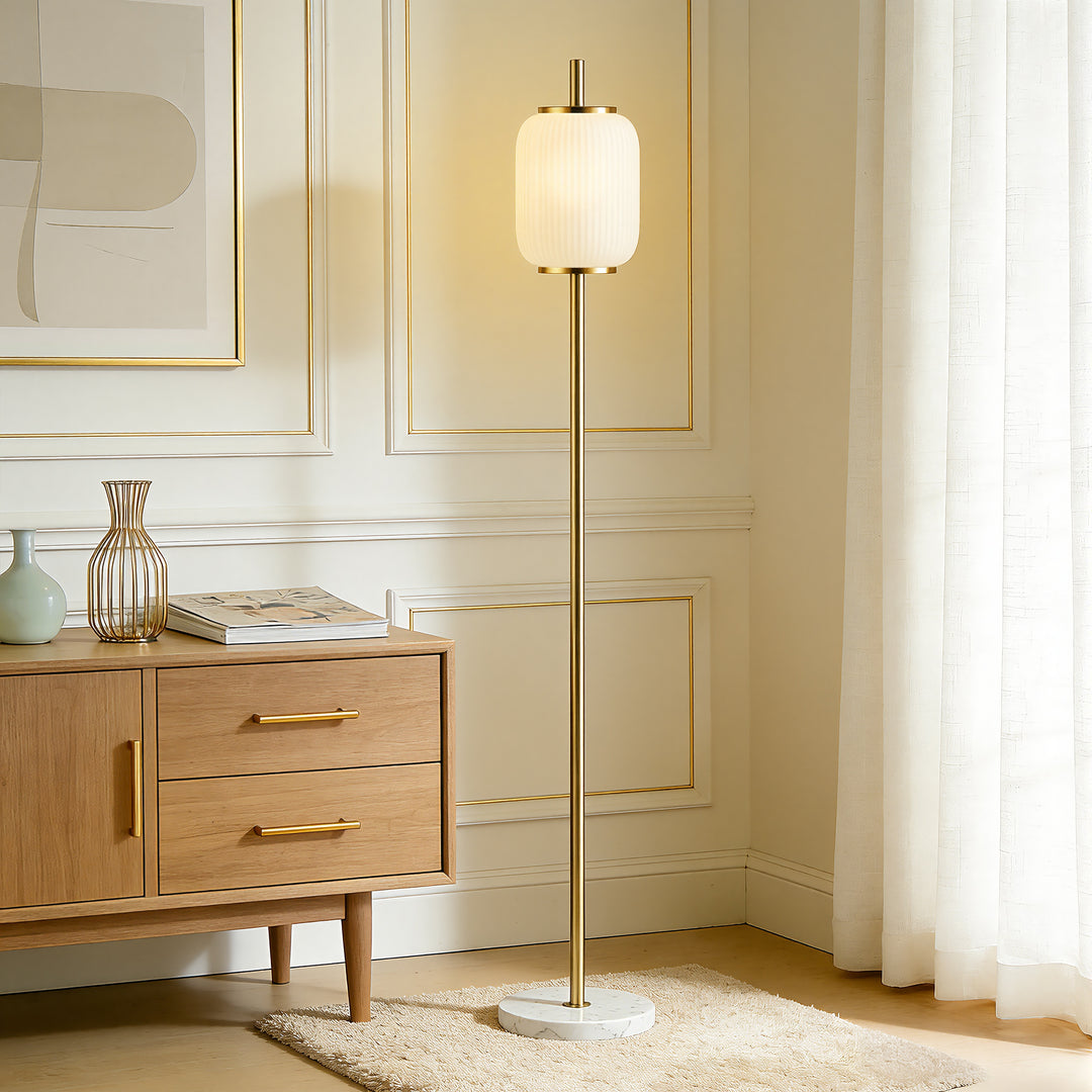 64" Modern Brass Floor Lamp With Ribbed Green Glass Shade And Marble Base, Tall Standing Light For Living Room And Bedroom #