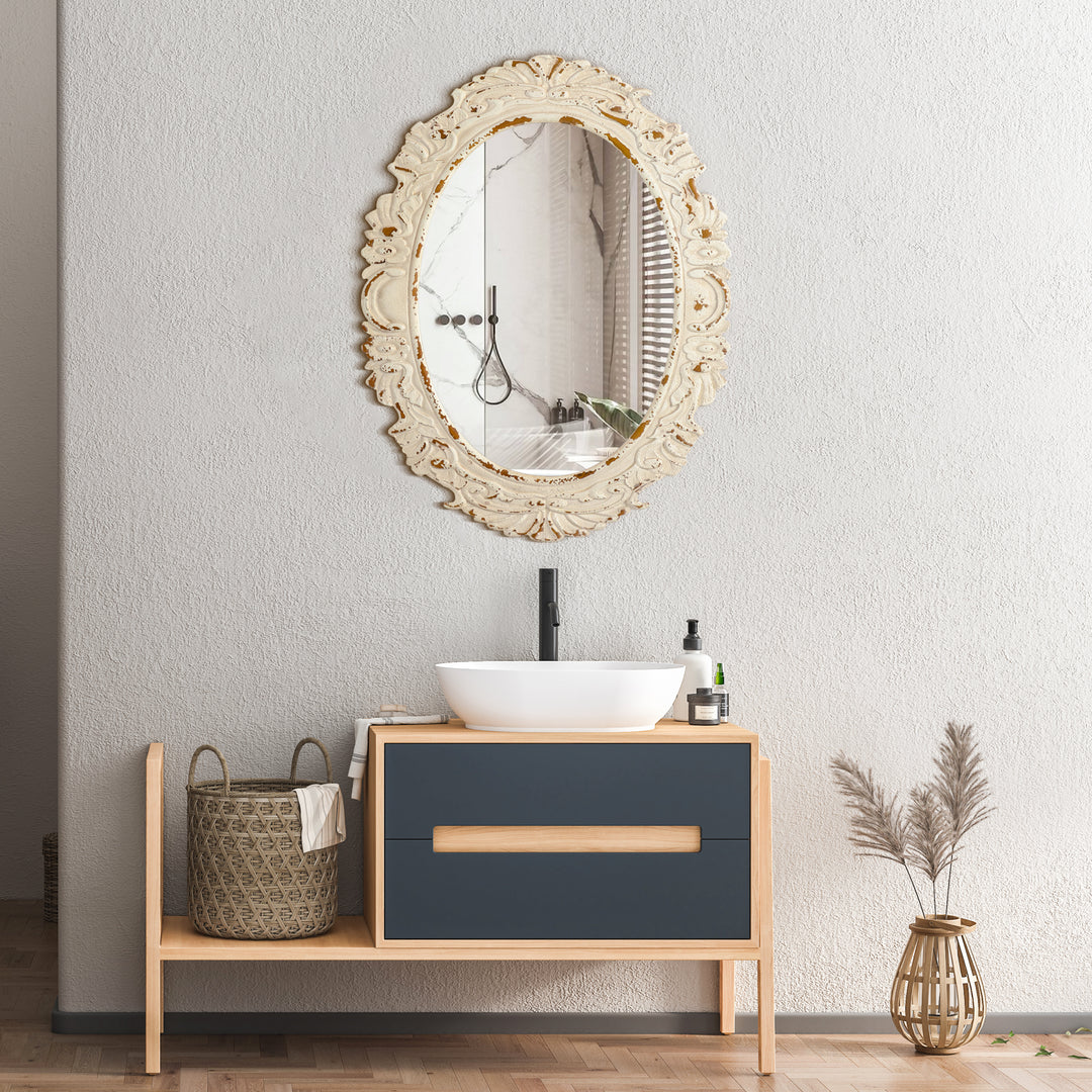 26 in. W x 34 in. H Antiqued White Baroque Oval Framed Wall Bathroom Vanity Mirror #25011