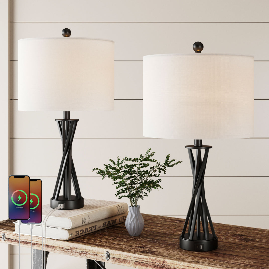 24'' Black Modern Metal Table Lamp With USB Ports #T257