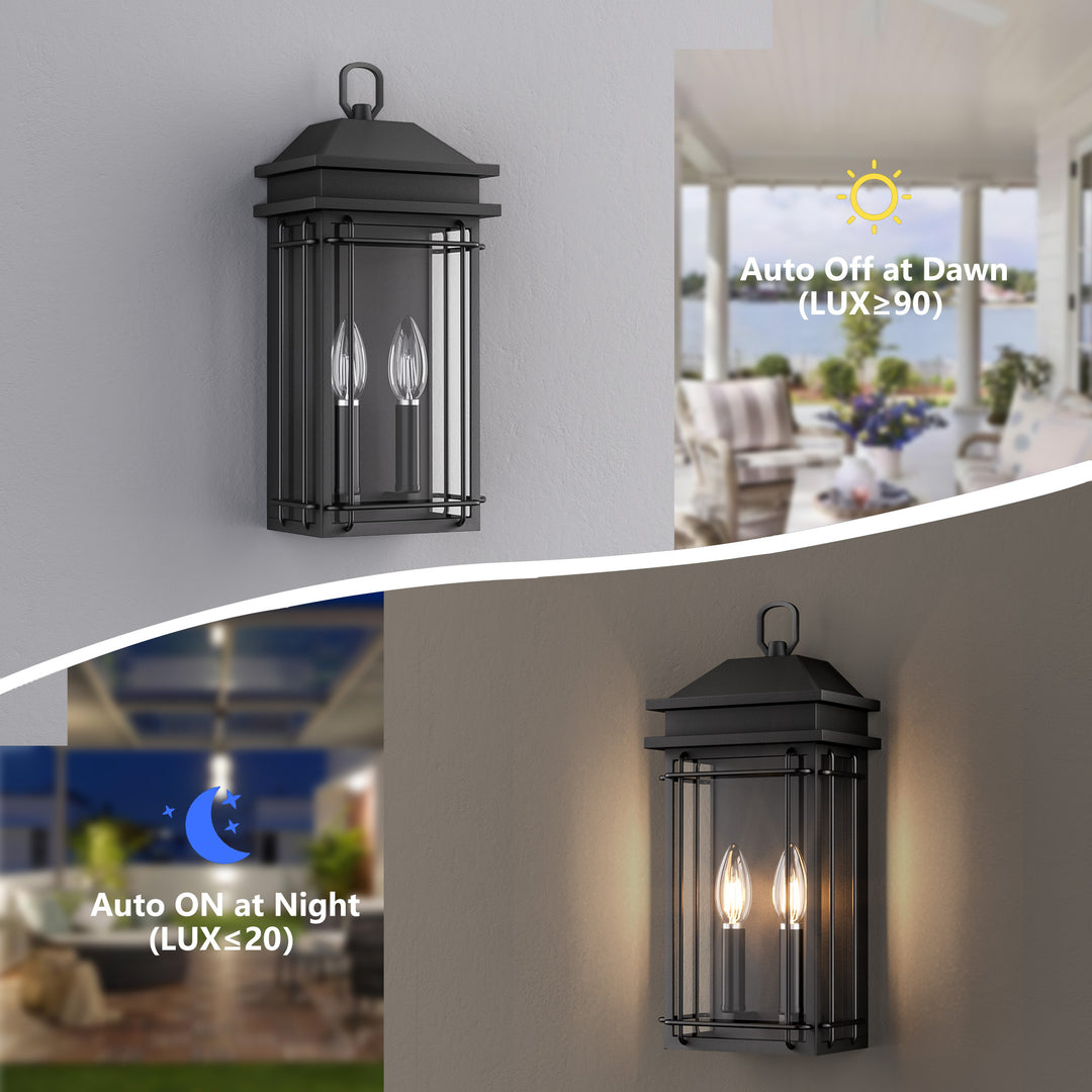 Solstice 2 - Light 16''H Black Iron Tempered Glass Outdoor Wall Light With Dusk To Dawn #7083