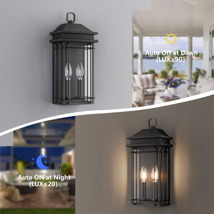 Solstice 2 - Light 16''H Black Iron Tempered Glass Outdoor Wall Light With Dusk To Dawn #7083