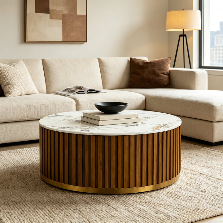 36" Solid Wood Round Drum Coffee Table with Sintered Stone Top #25049