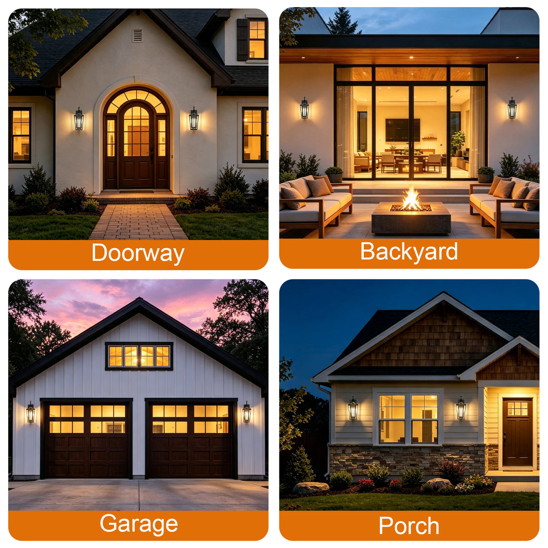 2-Light 19" Farmhouse Waterproof Outdoor Wall Lantern Sconce, Sand Grain Black Iron Frame &amp; Clear Tempered Glass, Hardwired Dusk to Dawn Photocell Exterior Front Porch Light