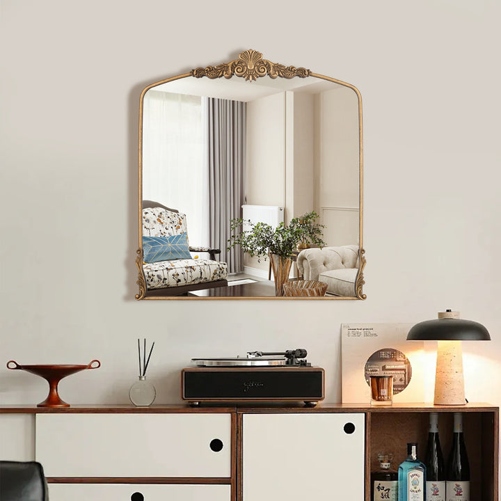 Opulence 37 in. W x 40 in. H Baroque Carved Vintage Gold Arched Framed Wall Bathroom Vanity Mirror #30002