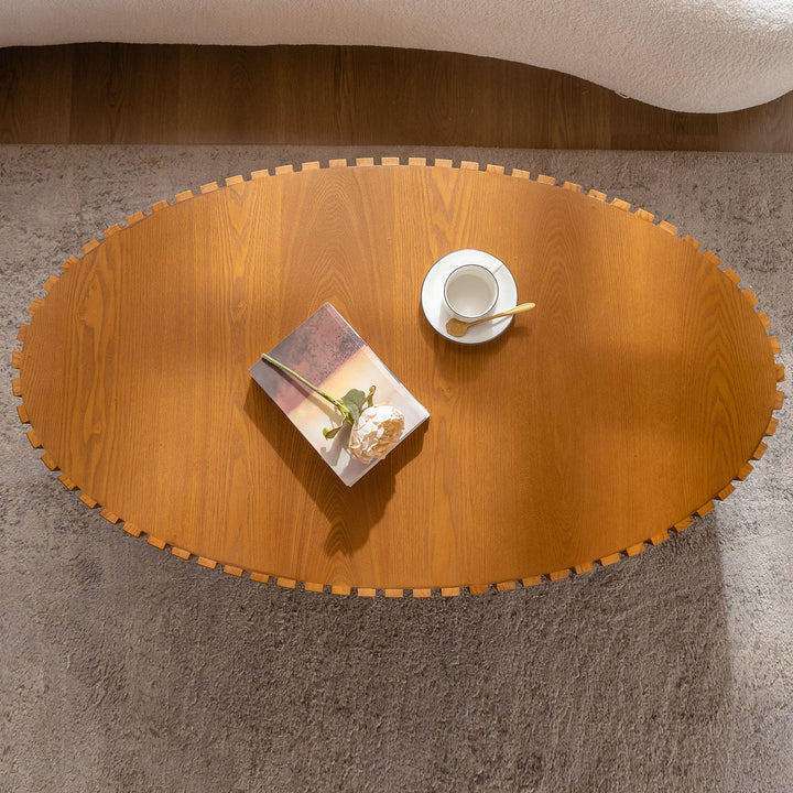 Timeless Round Coffee Table Handcrafted Relief Wooden Olive-Shaped Tea Table For Living Room #25013