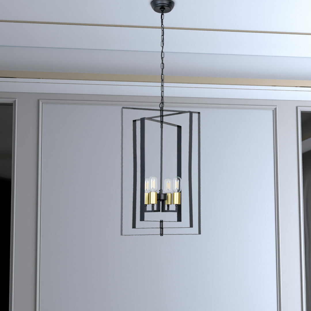 Maxax 4-Light Lantern&Candle Style Geometric Black&Gold Chandelier With Wrought Iron Accents #MX19117