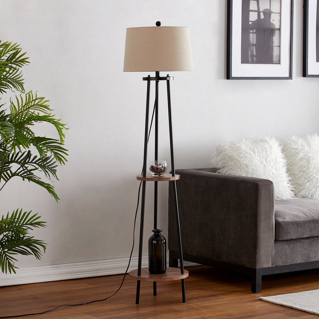 Modern Tripod Floor Lamp with Shelf and Oatmeal Shade #F66