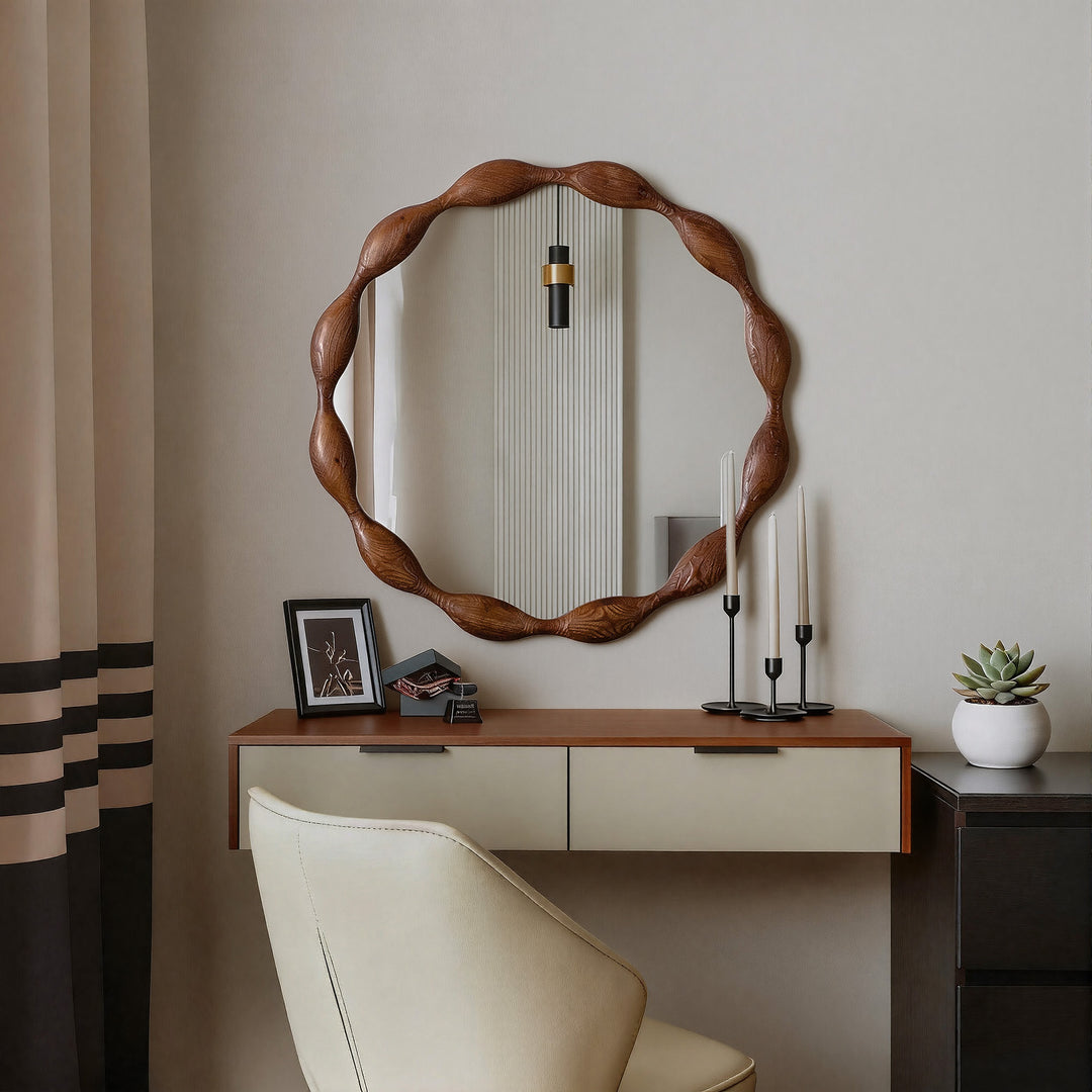 Clarity 32.5" Vintage Oval Solid Wood Framed Wavy Organic Design Wall Mounted Vanity Mirror #25036