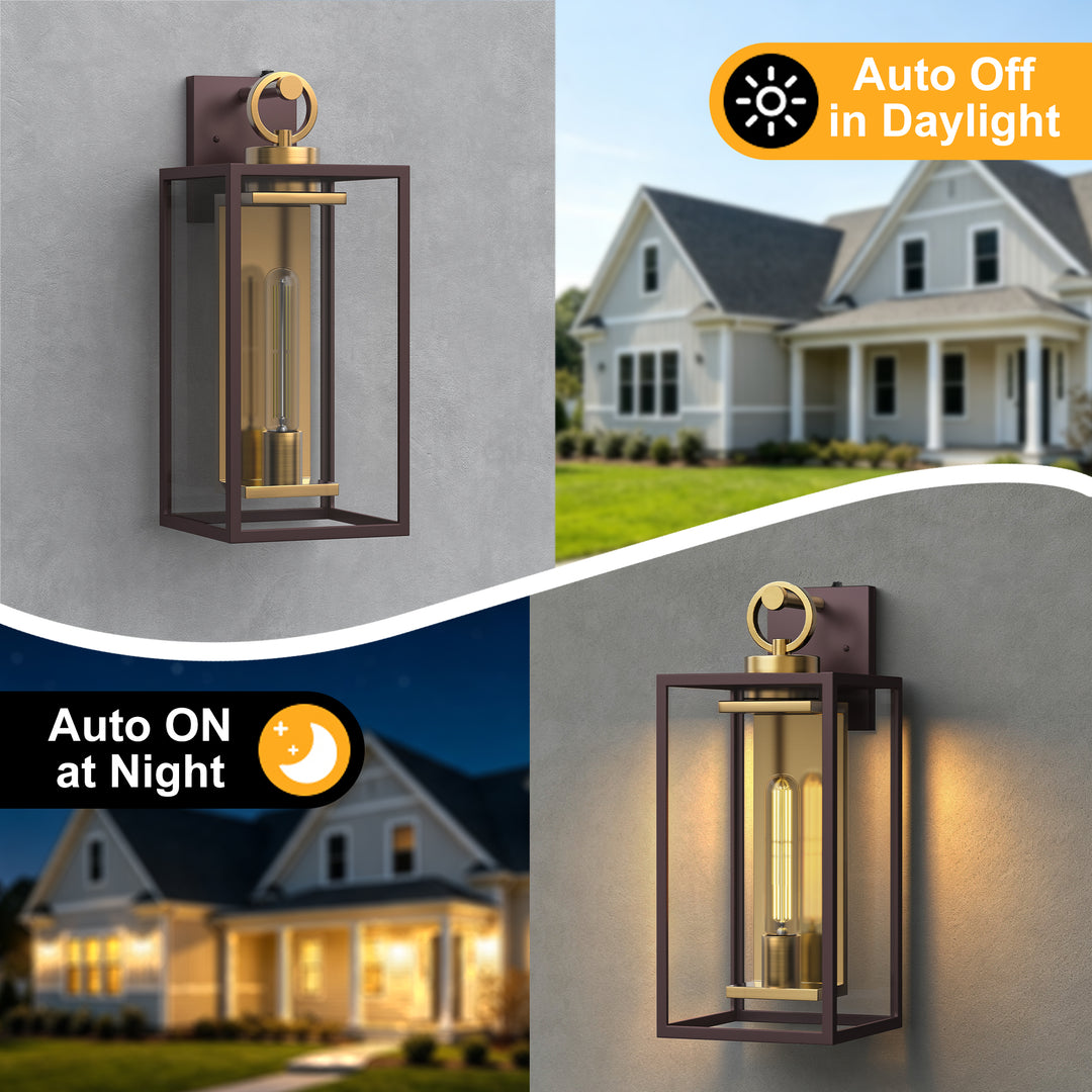 18.11" 1-Light Dusk-to-Dawn Outdoor Wall Sconce, Waterproof Matte Black Lantern with Clear Glass &amp; Brushed Gold Interior 