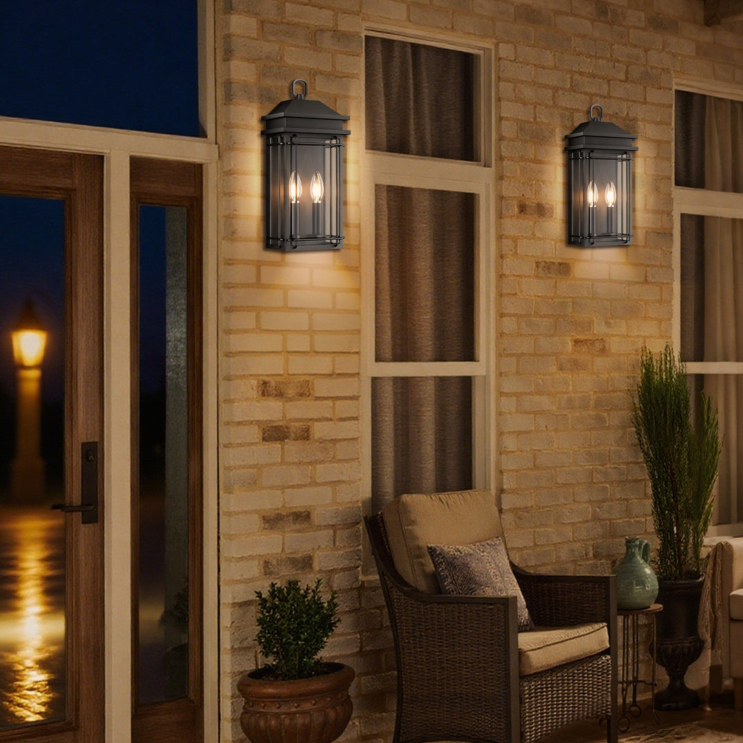 Solstice 2 - Light 16''H Black Iron Tempered Glass Outdoor Wall Light With Dusk To Dawn #7083