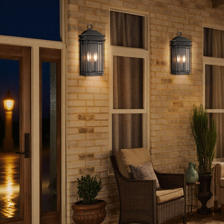 Solstice 2 - Light 16''H Black Iron Tempered Glass Outdoor Wall Light With Dusk To Dawn #7083