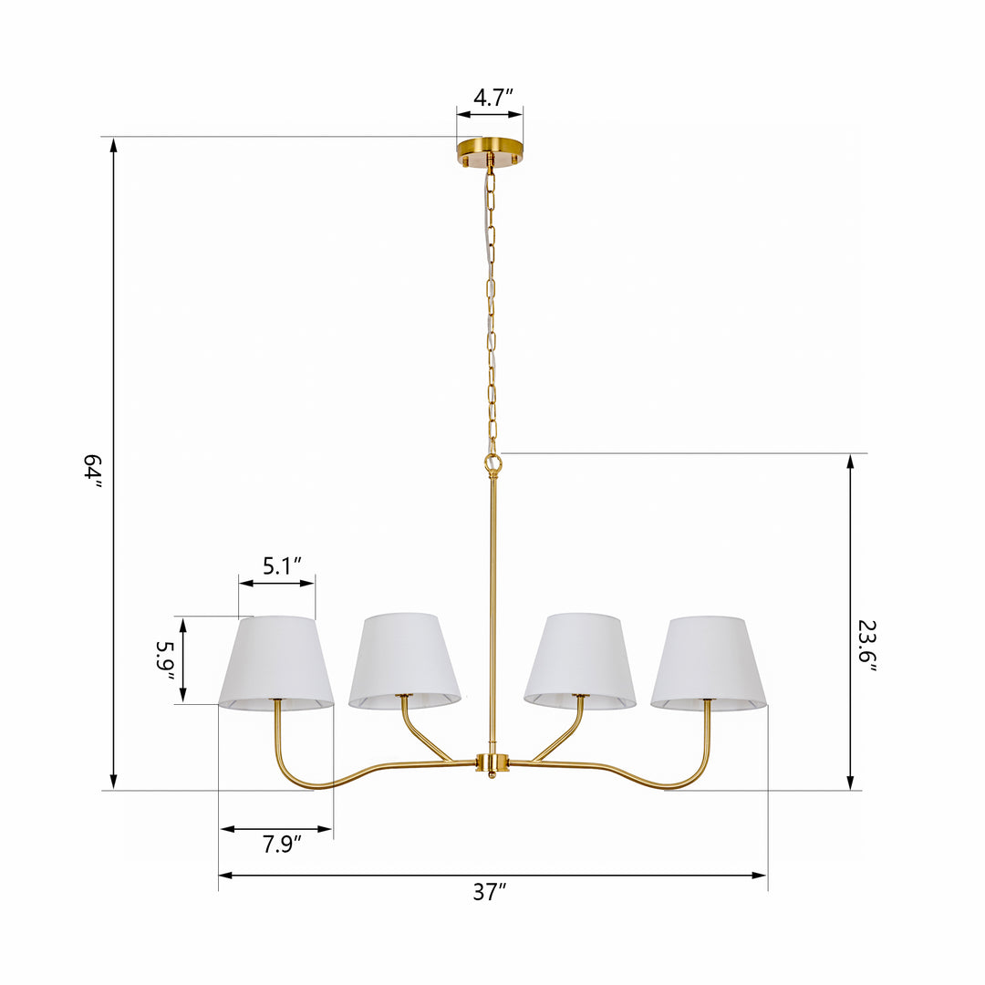 4-light Brass Finish Chandelier With White Linen Lampshades #19231