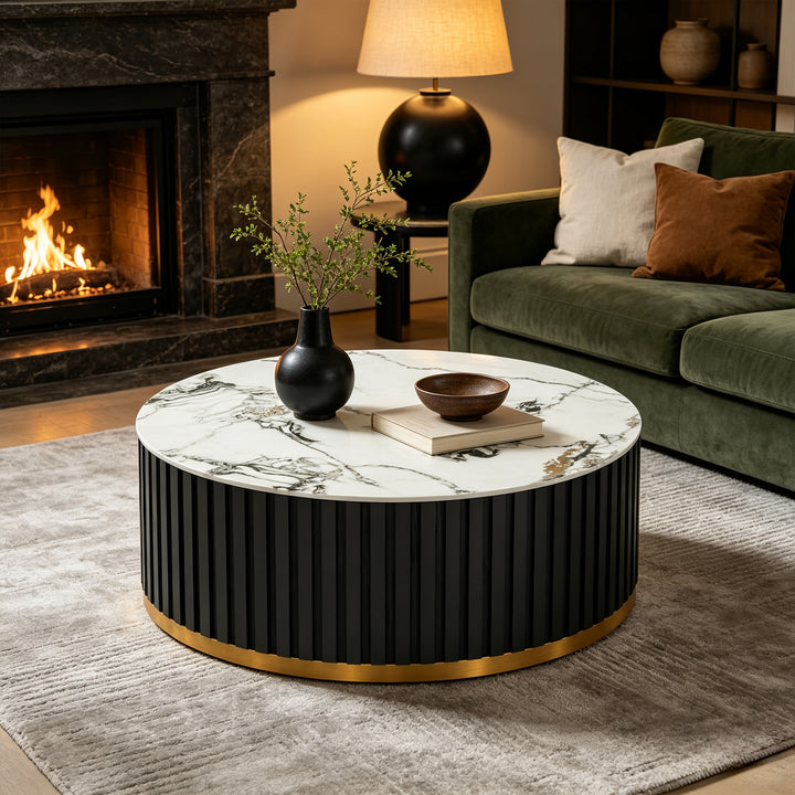 36" Solid Wood Round Drum Coffee Table with Sintered Stone Top #25049