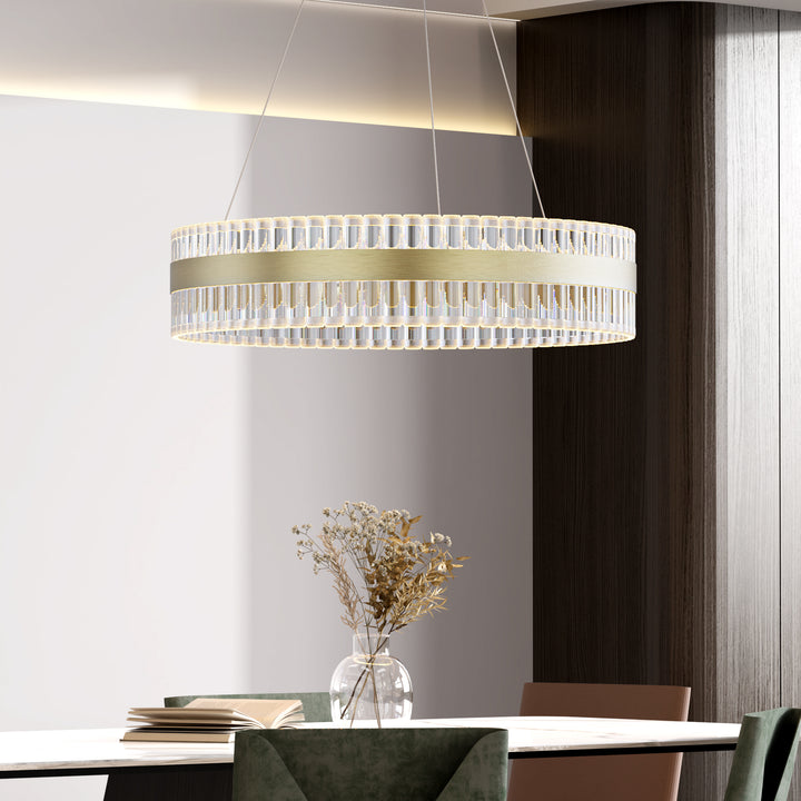 Brushed Gold Crystal Drum Shaded LED Chandelier For Dining Room#29005