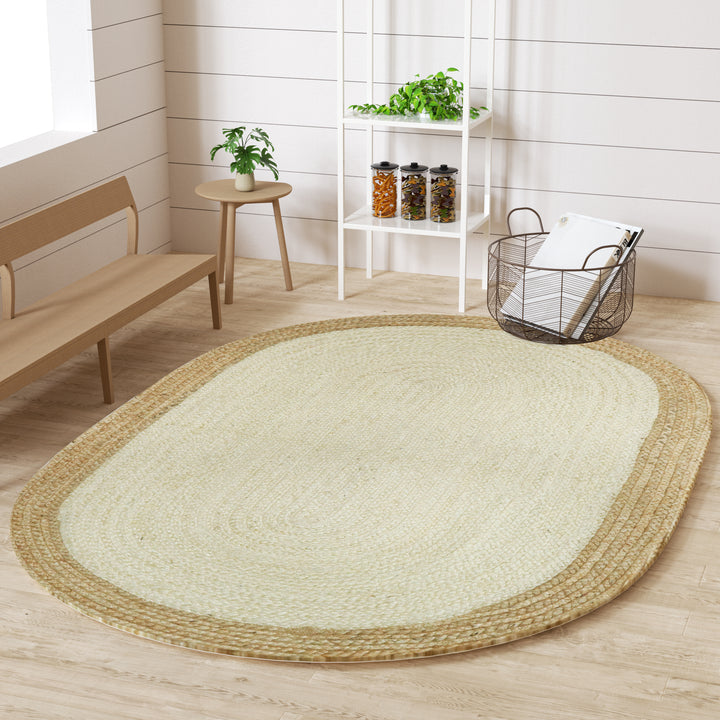 4modernhome Jute Hand Braided Zigzag Stitch Natural Fibers Farmhouse Style Area Rug For Dining Room Living Room Kitchen, Off White/Natural #DT23-6