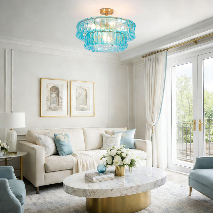 Lumen 20" 6-Light Brushed Brass Double-Layer Clear Artistic Glass Unique / Statement Semi-Flush Mount For Living Room/Bedroom #19235