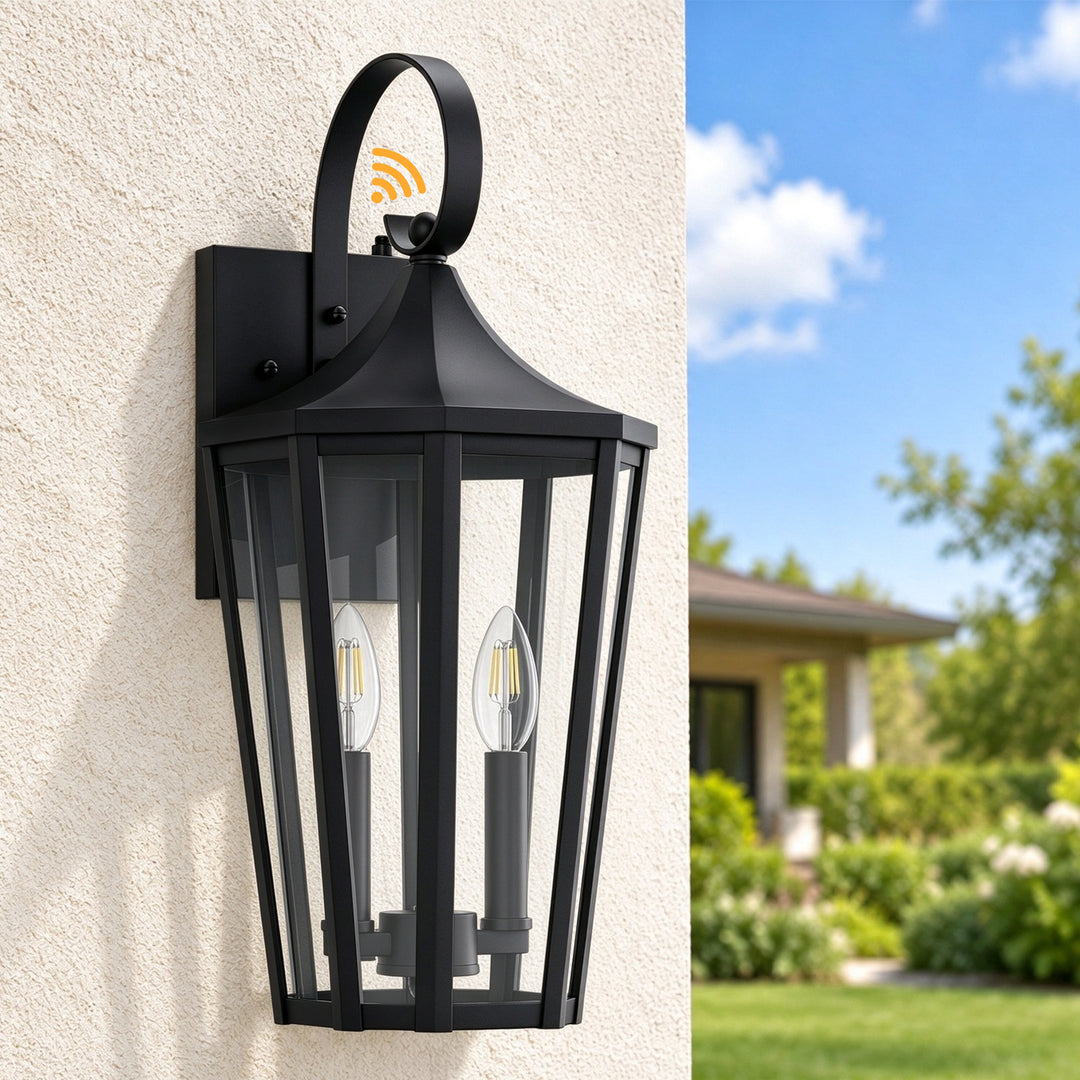 2-Light 19" Farmhouse Waterproof Outdoor Wall Lantern Sconce, Sand Grain Black Iron Frame &amp; Clear Tempered Glass, Hardwired Dusk to Dawn Photocell Exterior Front Porch Light