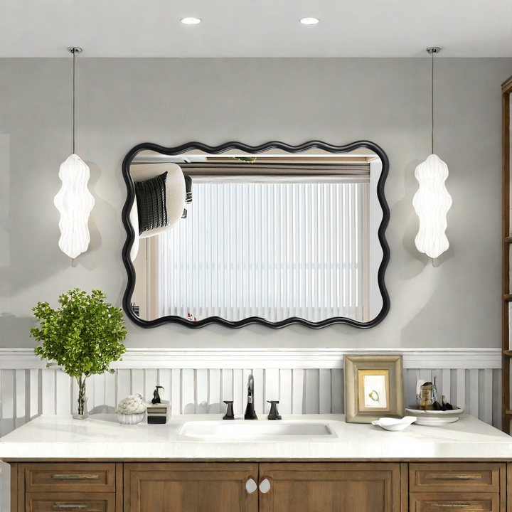 Modern Solid Wood Wavy Rectangle Wall Mirror