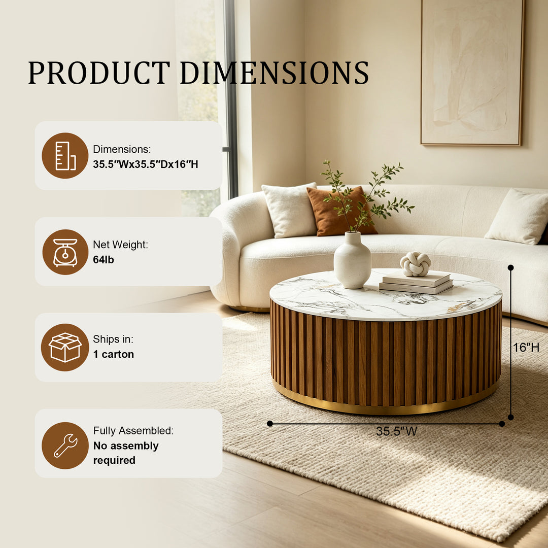 36" Solid Wood Round Drum Coffee Table with Sintered Stone Top #25049