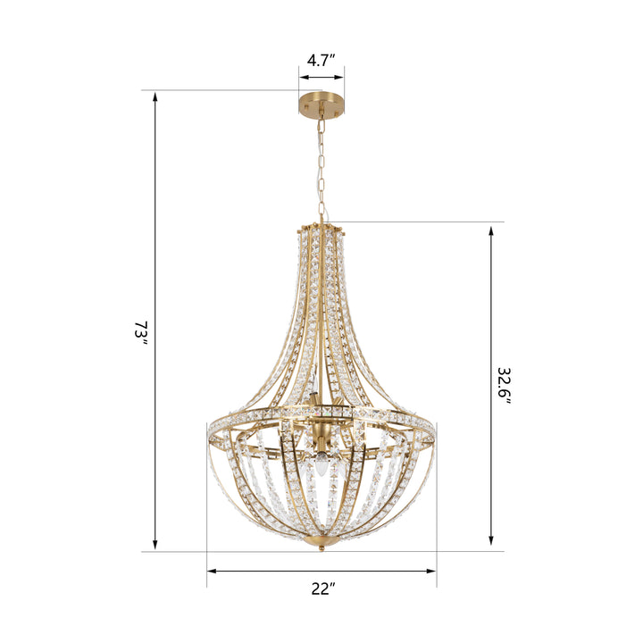 9 - Light Gold Crystal Dimmable Empire Chandelier #19222-9GD