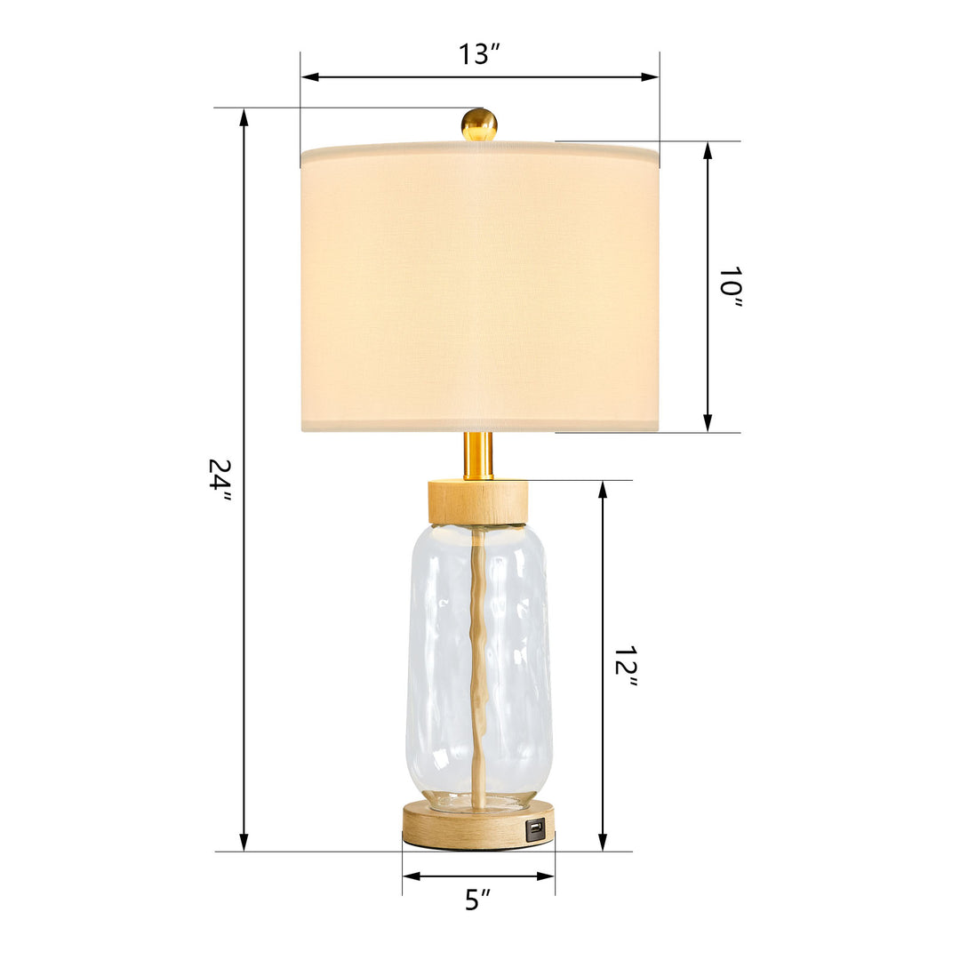 24 in. Brown Modern/Bohemian/Farmhouse Dimmable Glass Wood Metal For Bedroom Living Room Bedside Desk Nightstand Table Lamp With White Linen Drum Shape And USB Prot (Set of 2)