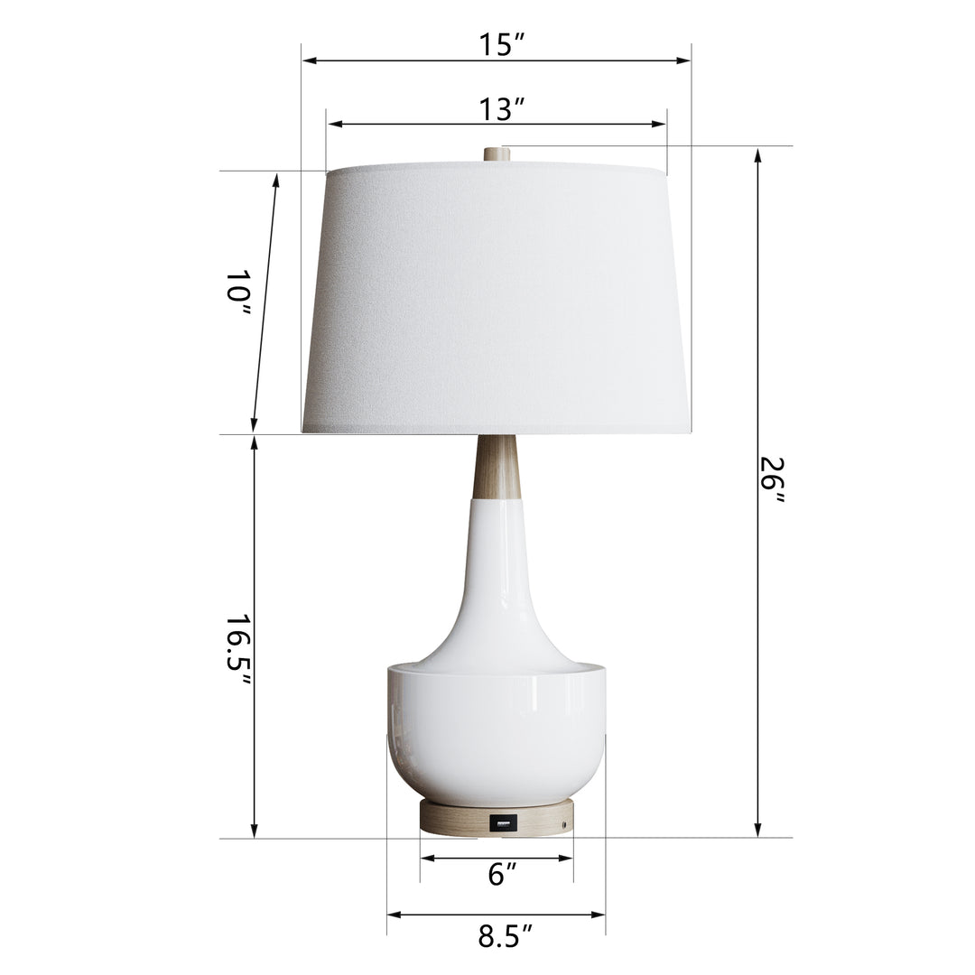 26'' Modern Minimalist Ceramic And Solid Wood Table Lamp with USB Ports