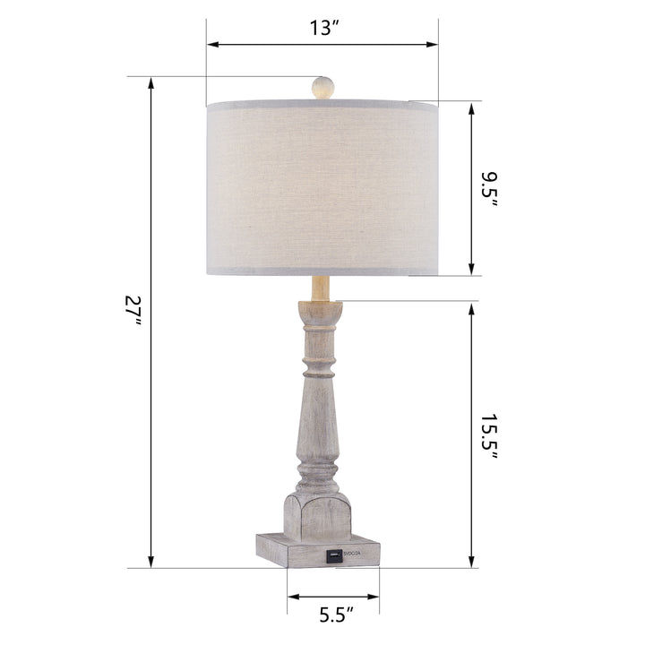 27 in. Brown Traditional Dimmable Resin For Bedroom Living Room Bedside Desk Nightstand Tall Table Lamp With Linen Drum Shade And USB Port #T195