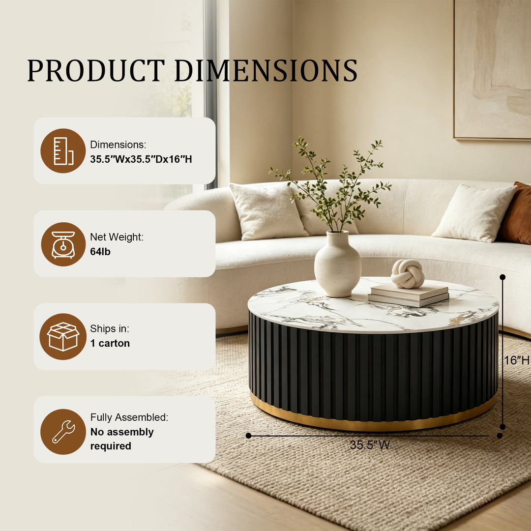 36" Solid Wood Round Drum Coffee Table with Sintered Stone Top #25049