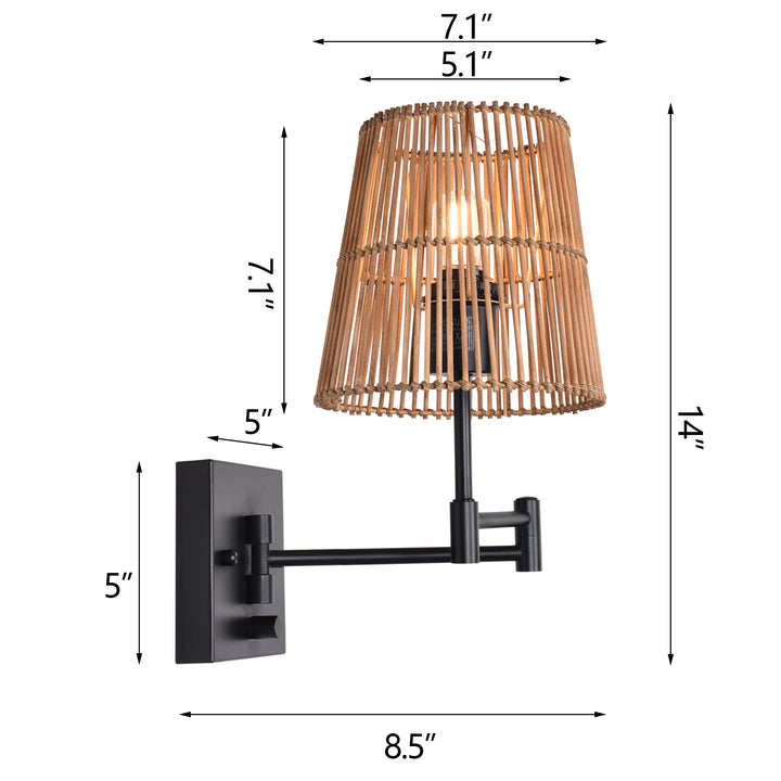 1- Light Dimmable Swing Arm Wall Lamp with Rattan Shade